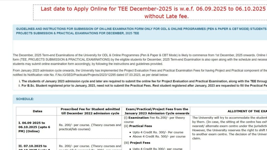 IGNOU Exam Form TEE-Dec 2025 – Complete Guide